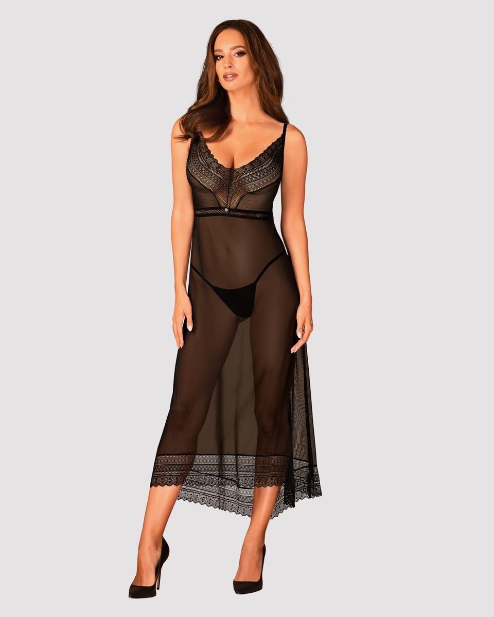 Полупрозрачная длинная сорочка Obsessive Estiqua chemise, черный, ассиметричный крой, XS/S