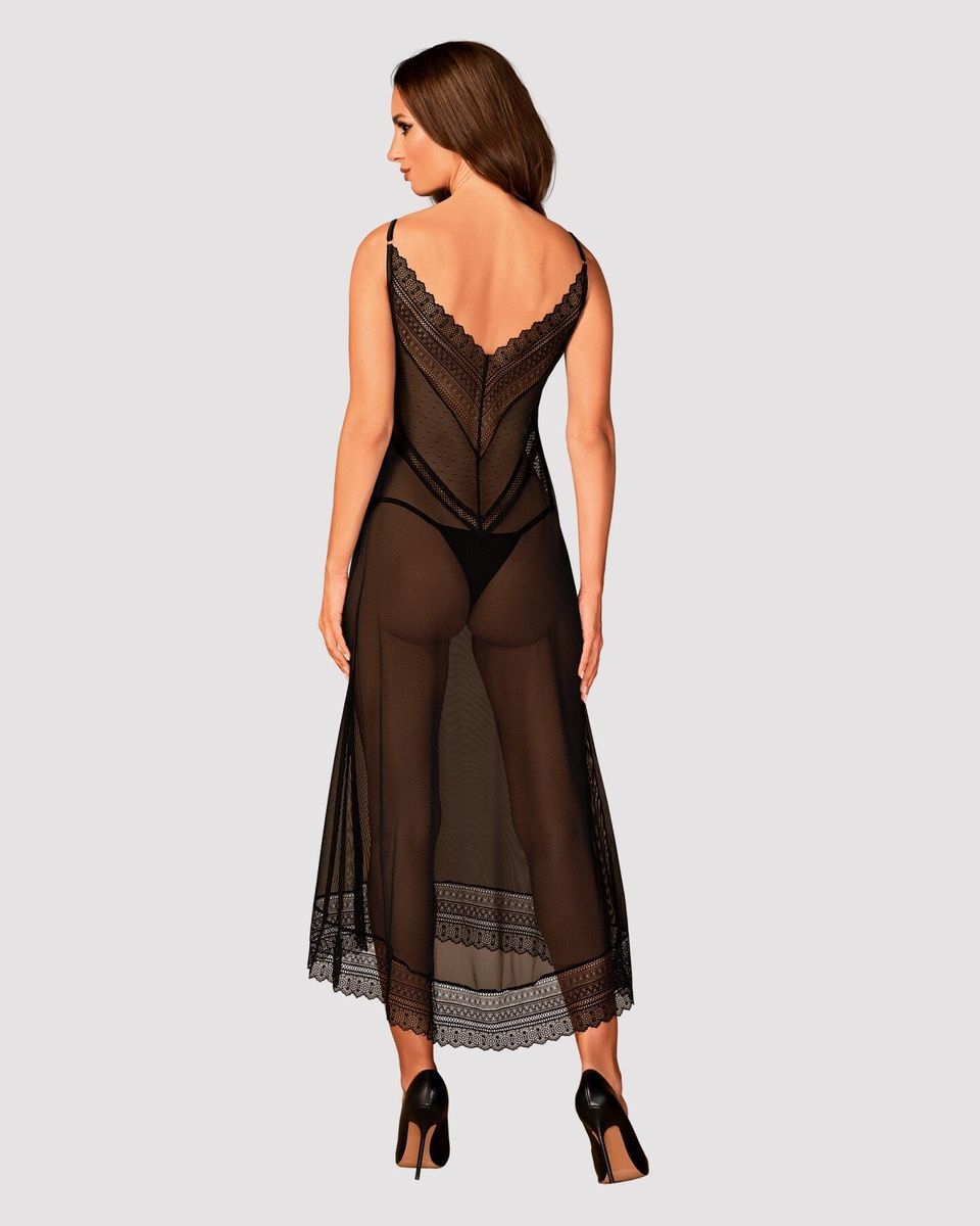 Полупрозрачная длинная сорочка Obsessive Estiqua chemise, черный, ассиметричный крой, XS/S
