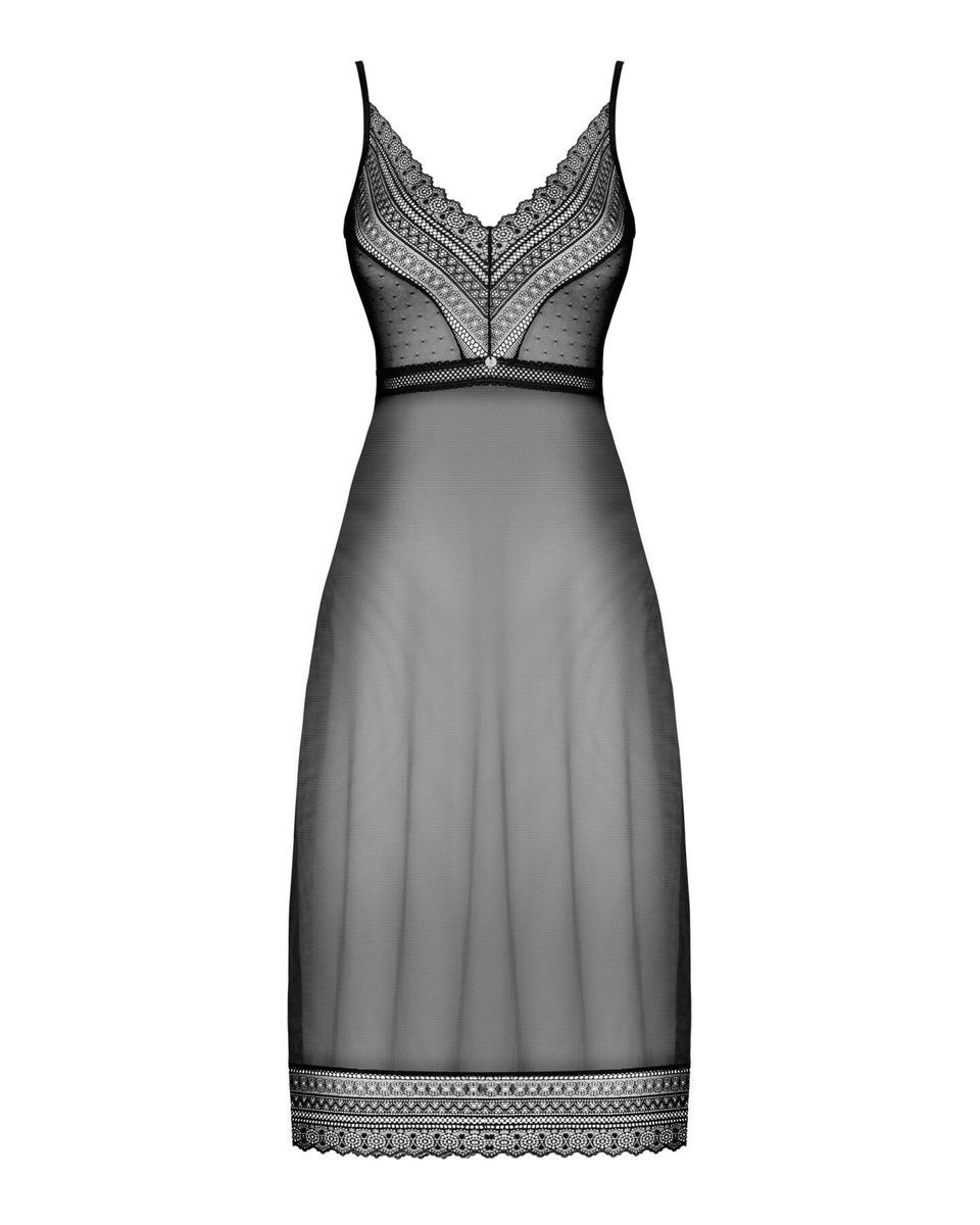 Полупрозрачная длинная сорочка Obsessive Estiqua chemise, черный, ассиметричный крой, XS/S