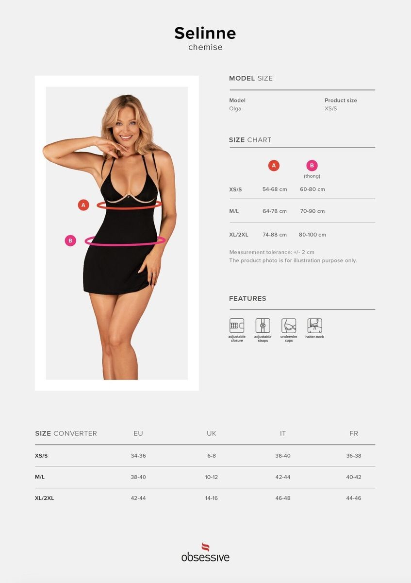 Сорочка Obsessive Selinne chemise & thong Black, стрінги, подвійні бретелі, XS/S