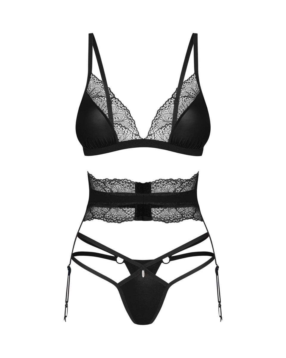 Комплект Obsessive Lobellis 3-pcs set, черный, лиф с мягкой чашкой, стринги, пояс для чулок, XS/S