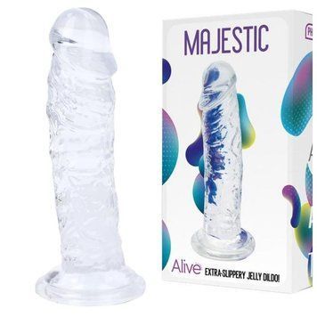Прозорий фалоімітатор Alive Jelly Dildo Majestic, TPE, присоска, діаметр 3,7 см, довжина 14,7 см